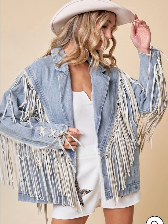 Saints & Hearts Jackets & Blazers - Saints & Hearts Light Blue Fringe Denim Jacket with White Trim